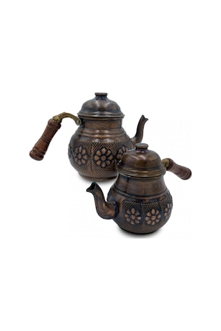 Çaydanlık Bakır Küçük Boy Eskitme Papatya Model Kahverengi
