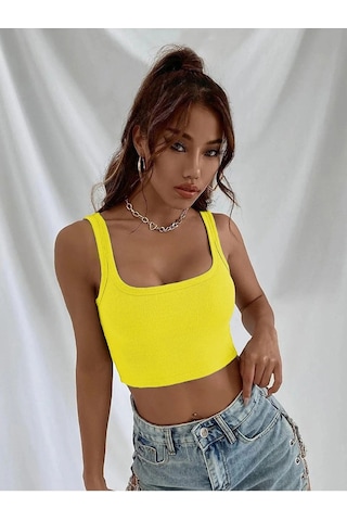 Askılı Fitilli Crop Top Bluz - Sarı Sarı