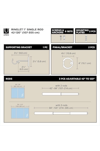 Umbra Ringlet Uzatılabilir Perde Çubuğu, 2,5 Cm Çap, 107 305 Cm, Siyah Diğer