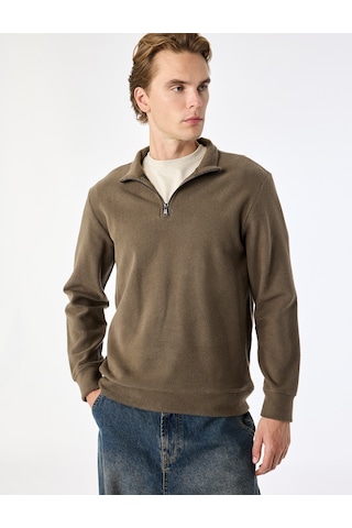 Koton Regular Fit Uzun Kollu Yarım Fermuarlı Sweatshirt Haki 7wam70012mk