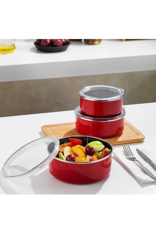 Mary 3'lü Emaye Saklama Kabı- Kırmızı 14cm-16cm-18cm