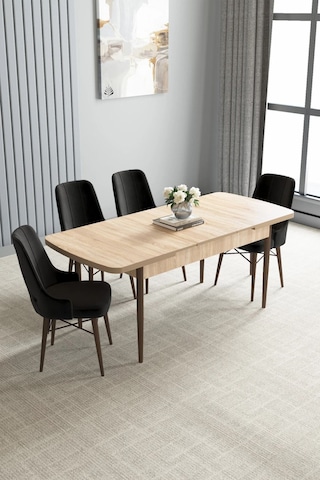 Zümra Serisi, Meşe Desen 80x132 Açılabilir Mdf Mutfak Masası Takımı 4 Adet Sandalye, Siyah