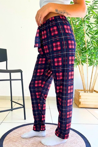 Farya Home Dreamy Soft Kadife Dokulu Ekose Kareli Süet Pijama Altı Pantolon Lacivert