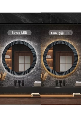 Led Işıklı Safir Siyah Dekoratif İşlemeli Banyo Duvar Aynası 56cm Siyah