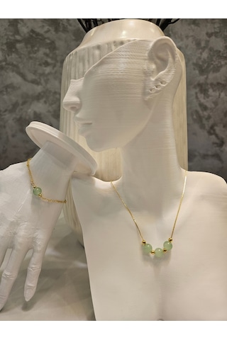 Minimalist Yeşil Taşlı Kolye Ve Bileklik Set -kc Altın Kaplama Altın