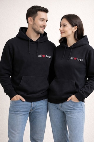 Mekaizen Kişiye Özel Çift İsim Nakışlı Siyah Kapüşonlu Sweatshirt Sevgililer Günü Özel Tasarım SIYAH