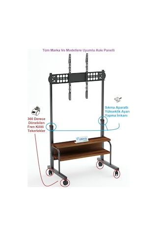 Frenli Tekerlekli Yükseklik Ayarlı Tv Duvar Paneli Tv Standı Konsol Hareketli Televizyon Ünitesi Siyah - Ceviz