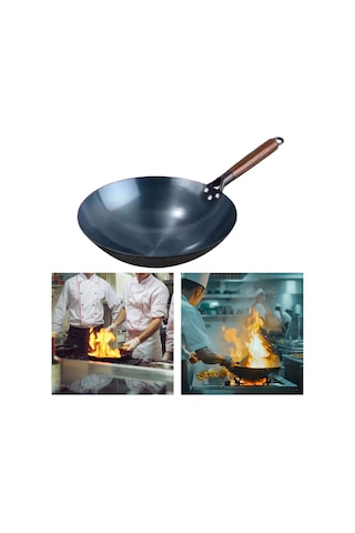 Dökme Demir Wok, Kızartma Tavası, Yuvarlak Tabanlı Kaplamasız, Yapışmaz 34cm