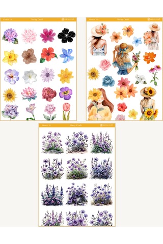 6 Sayfa Çiçek Temalı Sticker Seti 12x17 Cm Scrapbook, Bullet Journal, Planlayıcı İçin Diğer