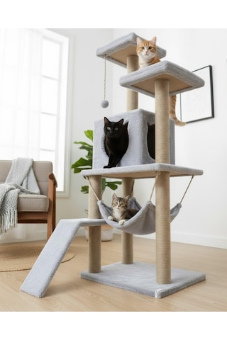 Pet Kedi Tırmalama Kulesi Oyun Evi Platformlu Gri
