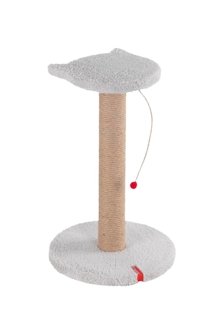 Stepli Kedi Yüzlü Platform Tırmalama Tahtası, Gri Peluş Kaplı, Sisal İpli, Oyuncaklı Gri