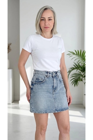 Byemelika Taş Baskılı Zr Denim Mini Etek Buz Mavi