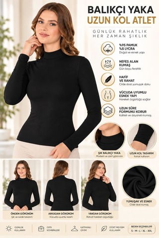 Kadın Balıkçı Yaka Uzun Kol Atlet Siyah Esnek Kumaş, Vücuda Oturan Basic Body - Ryl - 2612 S