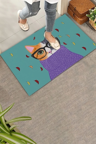Valerine Life Aristokrat Kedi Yeşil Renkli Welcome Hoş Geldiniz Kapı Önü Paspası 45x70cm Kahverengi