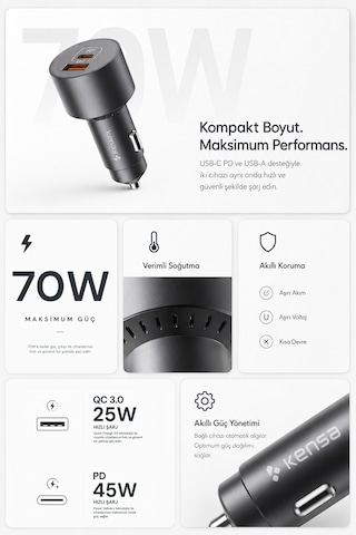 Kensa 70w Araç Hızlı Şarj Aleti Usb-c + Qc Usb-a Girişi Tüm Araçlar Uyumlu Şarj 70w Car Charger
