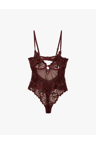 Koton Dantel Detaylı V Yaka Askılı Bodysuit Bordo 6wlk00010mk Bordo