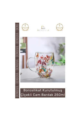 Bardak Çift Camlı Kurutulmuş Çiçekli Estetik Dekoratif Şık Tasarım Handmade Bardak 250 Ml Çok Renkli