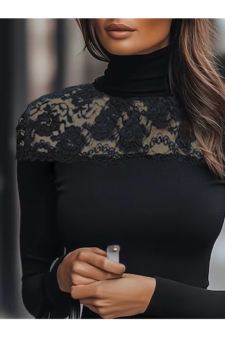 Ahes Shopping Kadın Uzun Kollu Balıkçı Yaka Dantelli Kaşkorse Bluz Siyah