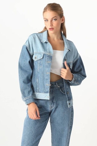 Kadın Renk Bloklu Oversize Jean Ceket Mavi 001