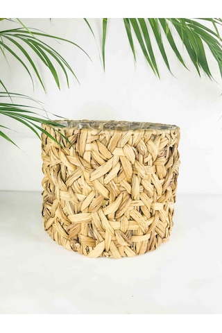 Bitki Tasarımı Yuvarlak Doğal Hasır Sepet Ferforje İskelet Sistemli Poşetli Orta