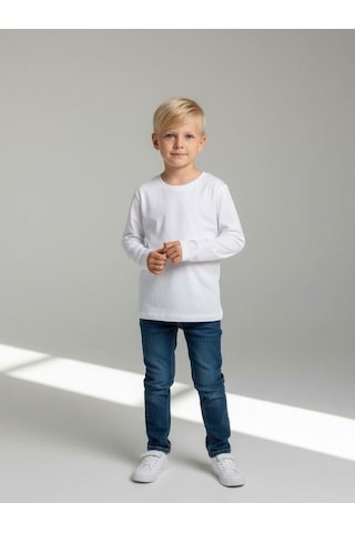 Zekids Erkek Çocuk Pamuklu Bisiklet Yaka Uzun Kollu Basic T-shirt-16775 Ekru