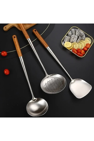 Mufunye 304 Paslanmaz Çelik Profesyonel Mutfak Kolu Seti Uzun Ahşap Saplı Wok Kolu, Sopa Ve Büyük Süzgeçli Kova - Ev Ve Şef Kullanıma Uygun Diğer