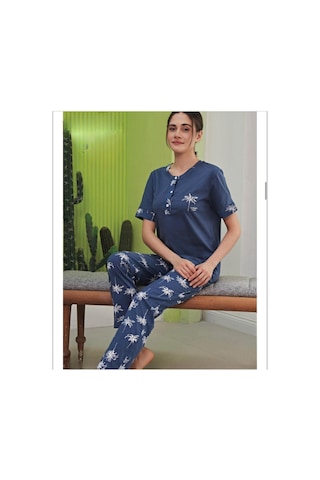 Miss Klein Kadın Büyük Beden Düğme Yaka Pamuklu Likralı Kısa Kol Pijama Takımı 1135 - 1 Adet İndigo