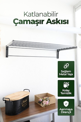 Duvara Monte Katlanabilir Çamaşır Askısı - 60x30 Cm - Gri