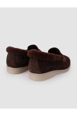 Hakiki Deri Kahverengi Süet Kürklü Kadın Loafer Kahverengi