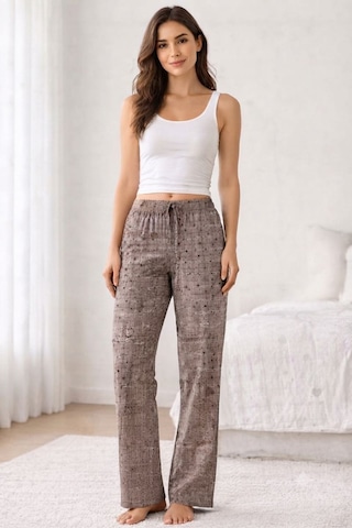 Viskon Pamuklu Kadın Gri Desenli Pijama Pantolon - Mg011 - Mudanis