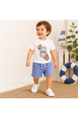 Tucankids Erkek Bebek Beyaz Baskılı Mavi Şortlu İkili Takım %100 Pamuk Ekru - Mavi