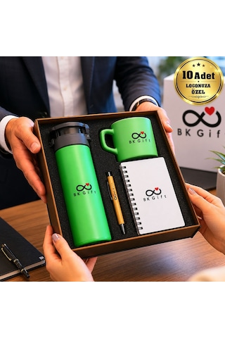 Logonuza Özel 10 Adet Ahşap Kutulu Yeşil Kurumsal Hediye Seti Cam Suluk, Seramik Fincan, Defter Ve Kalemli Promosyon Seti