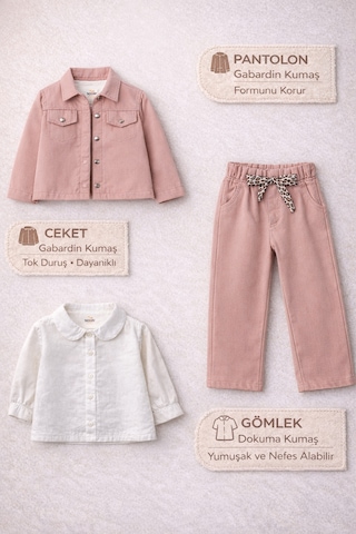 Harika Kids Kız Çocuk Gabardin Ceketli Takım Düğmeli Dokuma Gömlekli, Beli Lastikli Kemerli Pantolon 2-5 Yaş Pudra