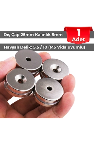 1 Adet Neodyum Mıknatıs Dış Çap 25mm Havşalı Delik 5,5mm Kalınlık 5mm D25xd5,5/10x5 N149