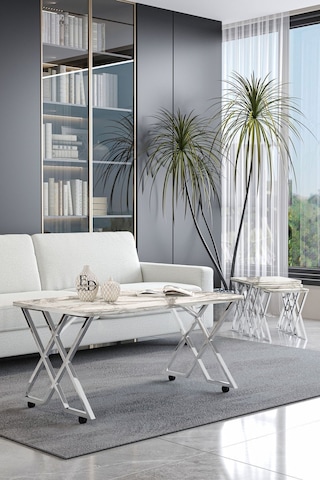 Milano Tekerlekli Orta Sehpa Gümüş Metal - Beyaz Mermer Tabla