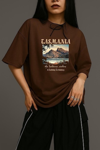 Tasmania Baskılı Unisex Oversize Tişört Kahverengi