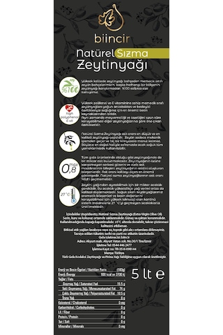 Biincir Naturel Sızma Erken Hasat Soğuk Sıkım Zeytinyağı 5 L