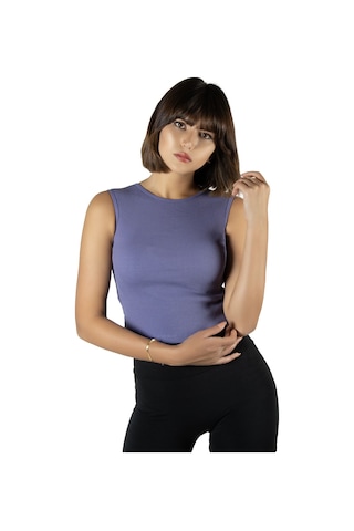 Terapi Men Mor Fitted/vücuda Oturan Crop Halter Yaka Fitilli Esnek Örme Bluz Atlet Mor