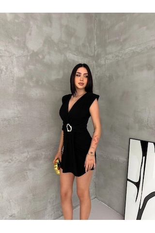 Moda Kadın Kruvaze Drapeli Tokalı Mini Elbise Şık Gece Davet Abiye - Siyah Çok Renkli