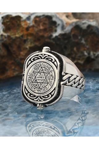 Prestij Gümüş Hz. Süleyman Mührü Ve Zirkon Siyah Taşlı Çift Tarafli 925 Ayar Gümüş Erkek Yüzüğü