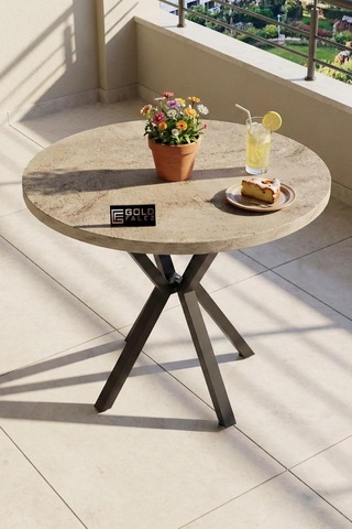 Falez Mutfak Masası 90 Cm Yuvarlak Masa Modern Metal Ayaklı Cafe Balkon Ofis Yemek Masası 9826 Traverten Çok Renkli