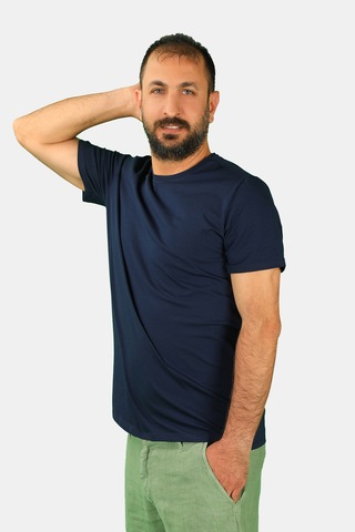 Erkek Bisiklet Yaka Kısa Kollu Tişört Lacivert