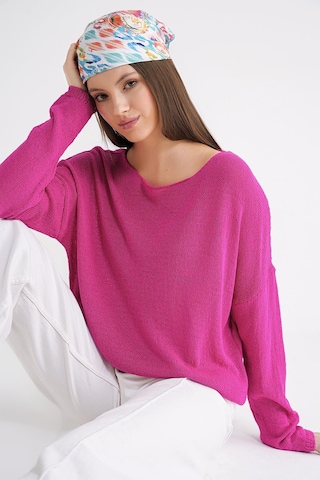 6933 Kadın Kayık Yaka İnce Mevsimlik Triko Kazak Fuşya Fuşya