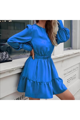 Kadın Uzun Kollu Bisiklet Yaka Beli Lastikli Fırfırlı Ithal Krep Elbise Saks Mavi