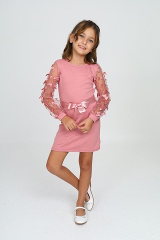 Belden Bağlamalı Tül Detaylı Çocuk Elbise Mykids Collection Pembe