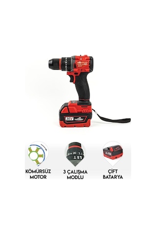 36 Volt 5 Ah Kömürsüz Darbeli Matkap Vidalama Çift Akülü