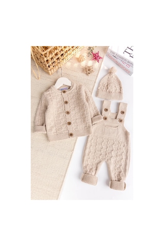 Triko Hırkalı 3'lü Ayarlanabilir Askılı Örgü Erkek Bebek Salopet Tulum Takım Set Bej