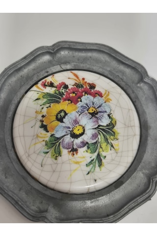 Vintage Zınn Çerçeveli Dekoratif Çiçek Temalı Duvar Tabağı 10cm 012