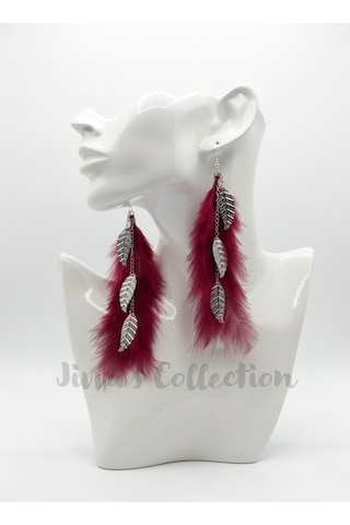 Bohem Bordo Tüy & Yaprak Figürlü Uzun Sallantılı Küpe. Modern Boho Vintage Stil