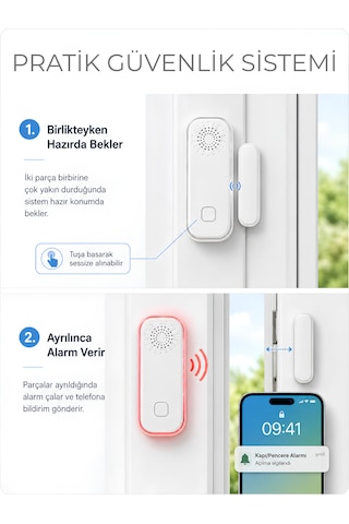 Fletvi Smart Akıllı Kapı Ve Pencere Dedektörü Alarm Sistemi Anlık Bildirimli Alarm Sistemi Sesli Işıklı